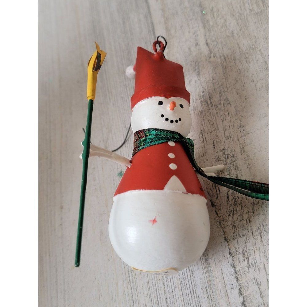 Crate barrel tin snowman broom ornament Xmas decor